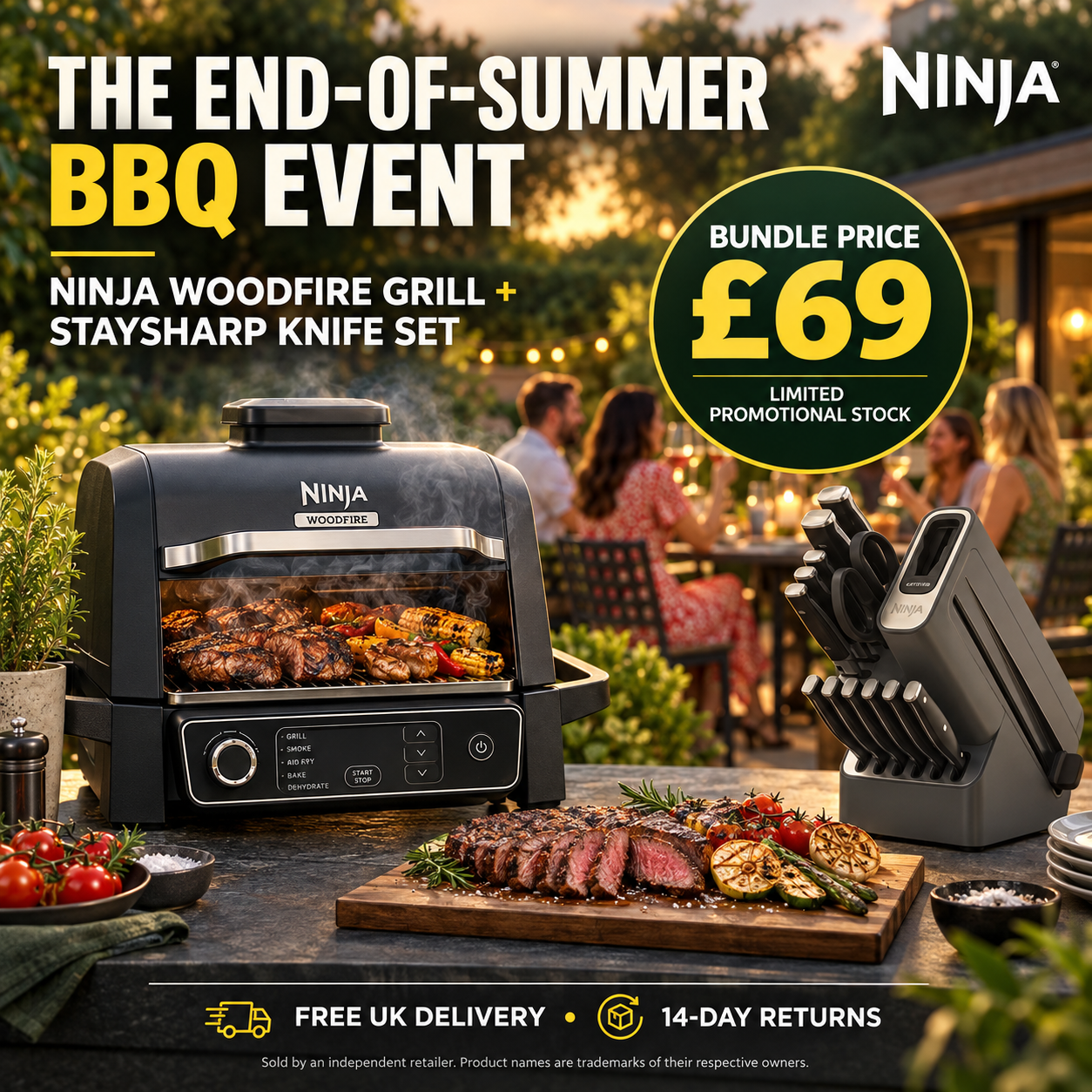 Ninja End-of-Summer BBQ Bundle: Woodfire Grill & Smoker + StaySharp 14-Piece Knife Block